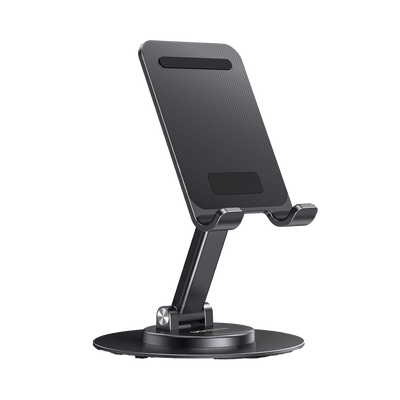 Soporte para Teléfono Celular Giratorio | 360° de Rotación | Angulo Ajustable | Altura Ajustable 17-20cm | Antideslizante | Ejes Giratorios de Alta Precisión| Plegable | Aluminio | Color Gris