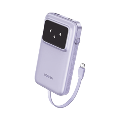 Power Bank Serie Uno | 10000mAh | 30W | con Cable USB-C Incorporado | 2 Salidas 30W Max. | Pantalla Inteligente | Carcasa Ignifuga | Aprobado por Aerolíneas.| Color Purple.