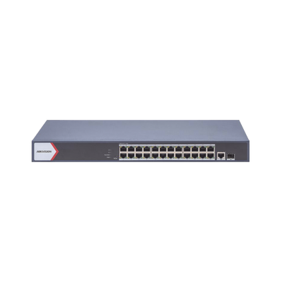 Switch Gigabit PoE+ / Administrable / 24 Puertos 1000 Mbps PoE+ / 1 Puerto 1000 Mbps Uplink / 1 Puertos SFP Uplink / Configuración Nube Hik-Partner Pro / Modo Extendido hasta 300 Metros / 230 W