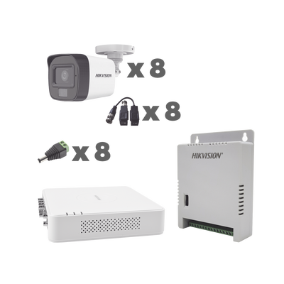 KIT TurboHD 1080p / DVR 8 Canales con audio por coaxitron / 8 Cámaras con Micrófono Integrado 101° Visión/ luz blanca + IR visión nocturna / Transceptores / Conectores / Fuente de Poder Profesional