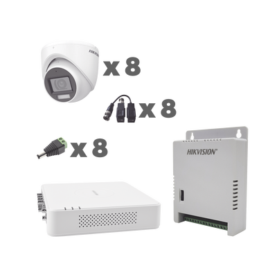 KIT TurboHD 1080p / DVR 8 Canales con audio por coaxitron / 8 Cámaras con Micrófono Integrado 101° Visión/ luz blanca + IR visión nocturna / Transceptores / Conectores / Fuente de Poder Profesional