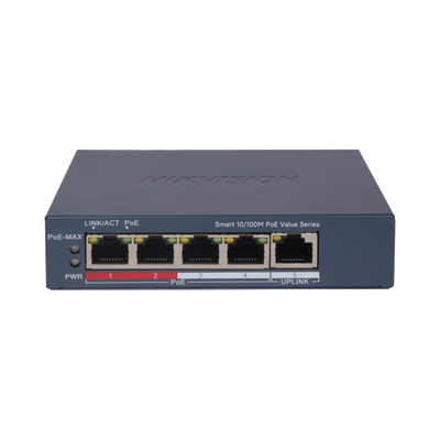Switch PoE+ / Administrable / 4 Puertos 10/100 Mbps PoE+ / 1 Puerto 10/100 Mbps Uplink / Configuración Nube Hik-PartnerPro / Modo Extendido hasta 300 Metros / 45 W