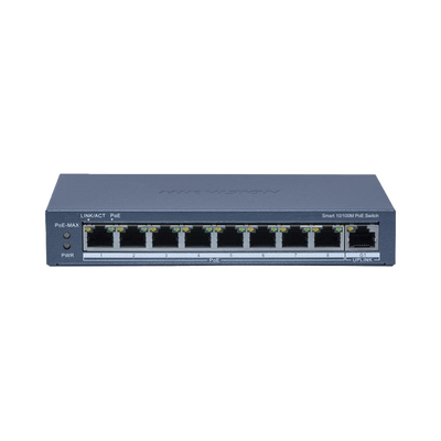 Switch PoE+ / Monitoreable / 8 Puertos 10/100 Mbps PoE+ / 1 Puerto 1000 Mbps Uplink / Configuración Nube Hik-Partner Pro / Modo Extendido hasta 300 metros / 60 W