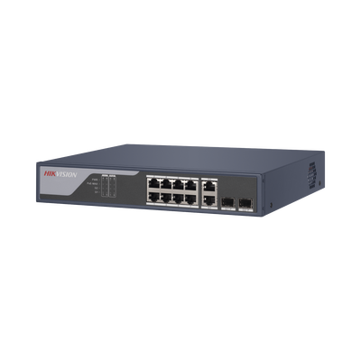Switch PoE+ / Administrable / Uso en Rack / 8 Puertos 10/100 PoE+ / 2 Puertos 1000 Mbps Uplink / 2 Puertos SFP / Configuración Nube desde Hik-PartnerPro / Modo Extendido hasta 300 Metros / 125 W