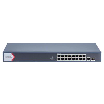 Switch Gigabit PoE+ / Administrable / 16 Puertos 1000 Mbps PoE+ / 1 Puerto 1000 Mbps de Uplink / 1 Puerto SFP / Configuración Nube desde Hik-Partner Pro / Modo Extendido hasta 300 Metros / 230 Watts