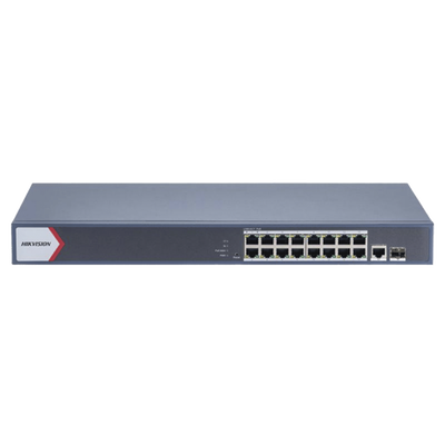 Switch Gigabit PoE+ / Monitoreable / 16 Puertos 1000 Mbps PoE+ / 1 Puerto 1000 Mbps de Uplink / 1 Puerto SFP / Configuración Nube desde Hik-PartnerPro / Modo Extendido hasta 300 Metros / 130 Watts