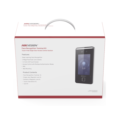 Kit de Control de Acceso TODO INCLUIDO con Lector de Rostros, QRs , Tarjetas y Huellas / 3,000 Rostros / Compatible con App Hik-Connect / Videoportero / Incluye Electroimán Botón de Salida y Montajes Z y L para imán / HIK-IA