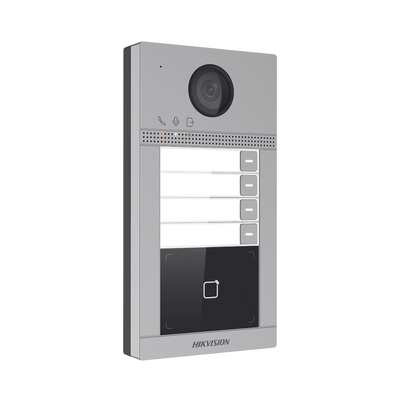 Videoportero IP 2 Megapixel / Llamada y Apertura Remota desde App Hik-Connect (Requiere monitor )/ PoE / Exterior IP65 + Antivandalico IK08 / 4 Departamento / Apertura con Tarjeta / Soporta 2 Puertas y hasta 6 Monitores